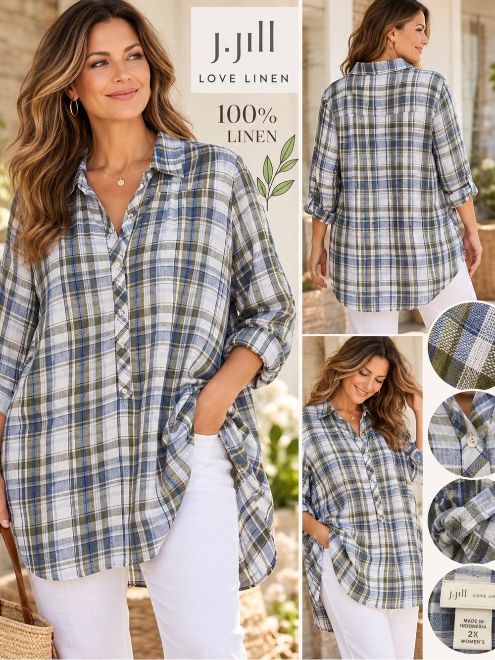 J. Jill Blue, Green & White Plaid Linen Button-Front Tunic